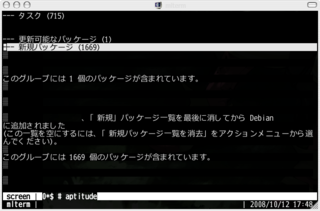 mlterm + screen 上で aptitude を起動し選択行を移動した後のスクリーンショット
