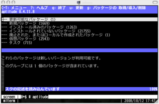 mlterm + screen 上で aptitude を起動した直後のスクリーンショット